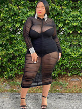Plus Size Mesh Patchwork Long Sleeve Midi Dress