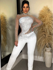Glitter Rhinestone Mesh Patchwork Bodycon Jumpsuit