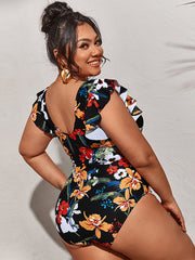 Plus Size Sleeveless Ruffle Floral Print Swimsuit