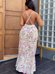 Spaghetti Strap Floral Print Backless Maxi Dress
