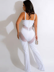 Rhinestone Spaghetti Strap Mesh Patchwork Jumpsuit