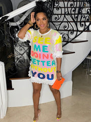 Short Sleeve Letter Print Multicolored Mini Dress