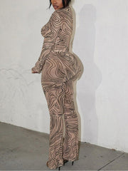 Mesh Turtleneck Crop Top Flared Pant Sets