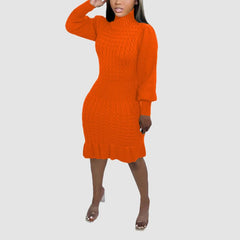 Ruffled Knitted Turtleneck Dress