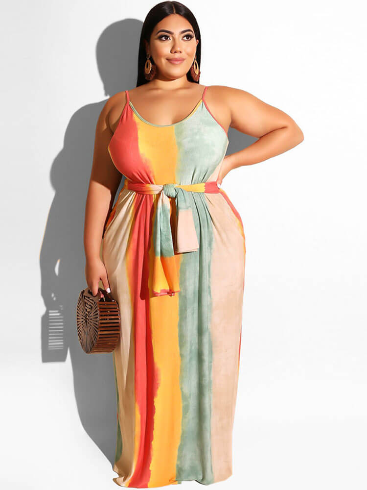 Plus Size Spaghetti Strap Striped Maxi Dress
