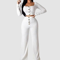 Buttoned Square Collar Top Wide Leg Pant Set