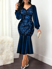 Lantern Sleeve Sequin Patchwork Midi Dress
