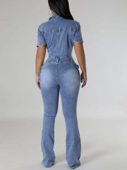 Short Sleeve Button Multi-Pocket Denim Jumpsuit