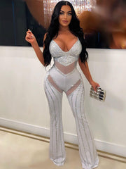 Rhinestone Spaghetti Strap Mesh Patchwork Jumpsuit