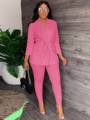 Two Piece Drawstring Blazer Bodycon Long Pants