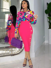 Two Piece Floral Print Shirt Midi Skirts