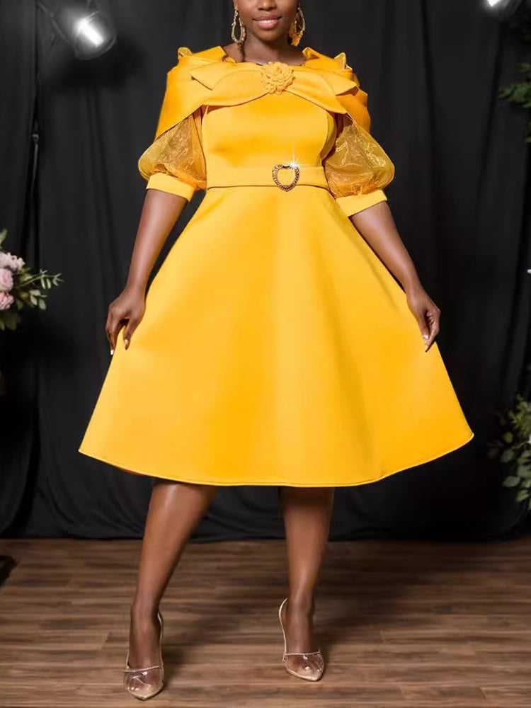 Bow Tie Sheer Lantern Sleeve Party A-Line Dress