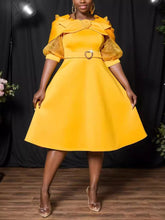 Bow Tie Sheer Lantern Sleeve Party A-Line Dress