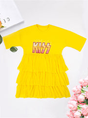 Letter Print Patchwork Tiered Layer Mesh T-shirt Dress