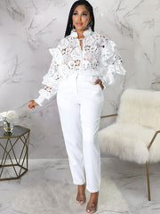 Lantern Sleeve Floral Hollow Out Top