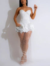 Strapless Glitter Mesh Flowers Mini Dress