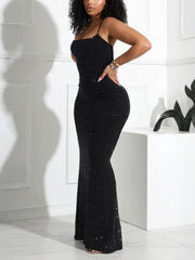 Strap Rhinestone Mesh Maxi Dress