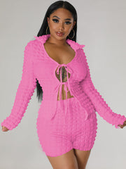 Two Piece Bubble Tie Up Crop Top Shorts