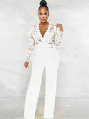 Lace Patchwork Long Sleeve V Neck Jumpsuit
