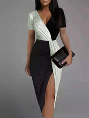 V Neck Wrap Slit Sparkly Midi Dress