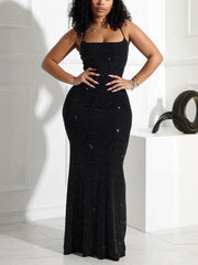 Strap Rhinestone Mesh Maxi Dress