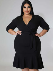 Half Sleeve Lace Up Ruffle Bodycon Midi Dress