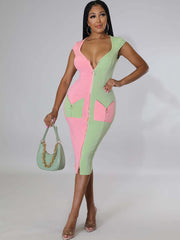 Sleeveless Color Block Bodycon Midi Dress