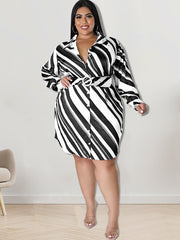 Long Sleeve Striped Mini Dress With Belt