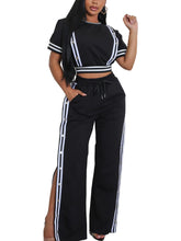 Two Pieces Side Stripe Top Split Wide-Leg Pants