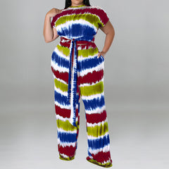 Plus Size Printed Belted Top Wide Leg Pants