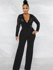 Lace Patchwork Long Sleeve V Neck Jumpsuit