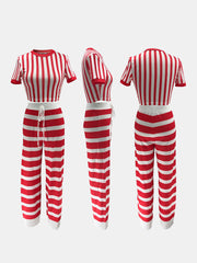 Two Pieces Striped Crop Top Wide Leg Pants