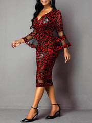 Bell Sleeve Floral Print Bodycon Midi Dress