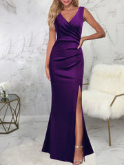 Sleeveless Ruched Split Maxi Dress