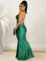 Spaghetti Strap Ruched Lace Up Maxi Dress