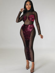 Mesh Sequin Patchwork Long Sleeve Midi Dress