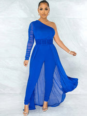 Mesh Patchwork One Shoulder Long Sleeve Jumpsuit