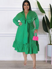 Long Sleeve Lace Up Solid Midi Dress