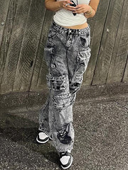 Multiple Pockets Washed Denim Cargo Jeans