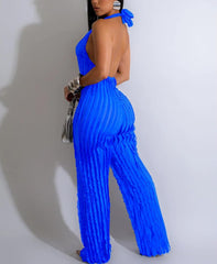 V Neck Pleated Halter Wide Leg Jumpsuit