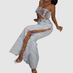 Chain Hollow-out Denim Jeans