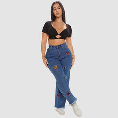 Butterfly Embroidered Wide Leg Jeans