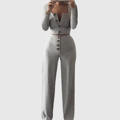 Buttoned Square Collar Top Wide Leg Pant Set