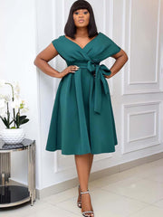 Off Shoulder Ruched Swing Midi Dress