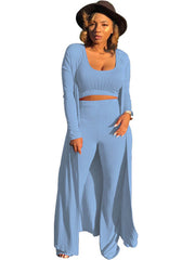 Three Pieces Set Crop Top Long Kimono Cardigan Pants