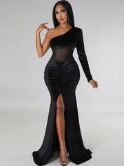 One Shoulder Mesh Patchwork Maxi Dress