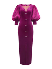 Lantern Sleeve Mesh Patchwork Split Maxi Dress