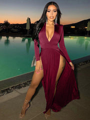 V Neck Solid Color Long Sleeve Slit Maxi Dress