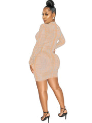 Rhinestone Mesh Long Sleeve Bodycon Mini Dress