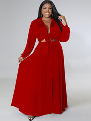 Two Piece Long Sleeve Crop Top Maxi Skirts